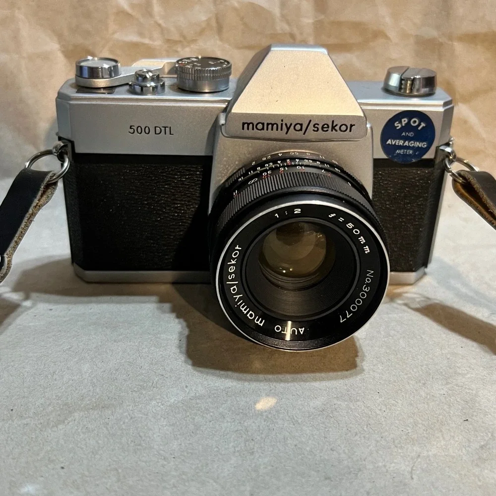 Parts/Repair Mamiya/Sekor 35mm SLR Camera 500 DTL 50mm f2 Lens Case Straps